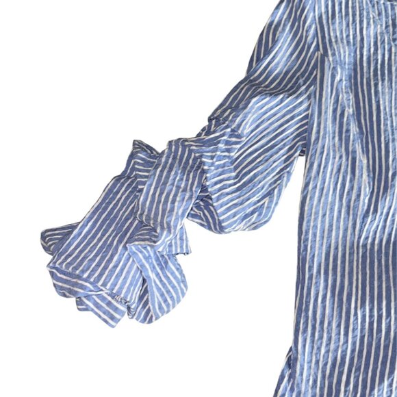 White House Black Market Blue & White Stripe Seersucker Ruffle Sleeve Blouse-Siz - Picture 4 of 8